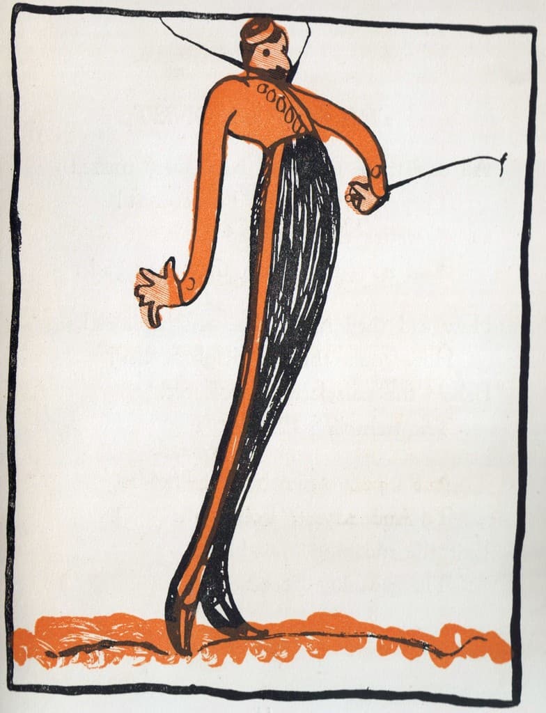 Ein Gemälde mit einem Design in Orange und Schwarz.