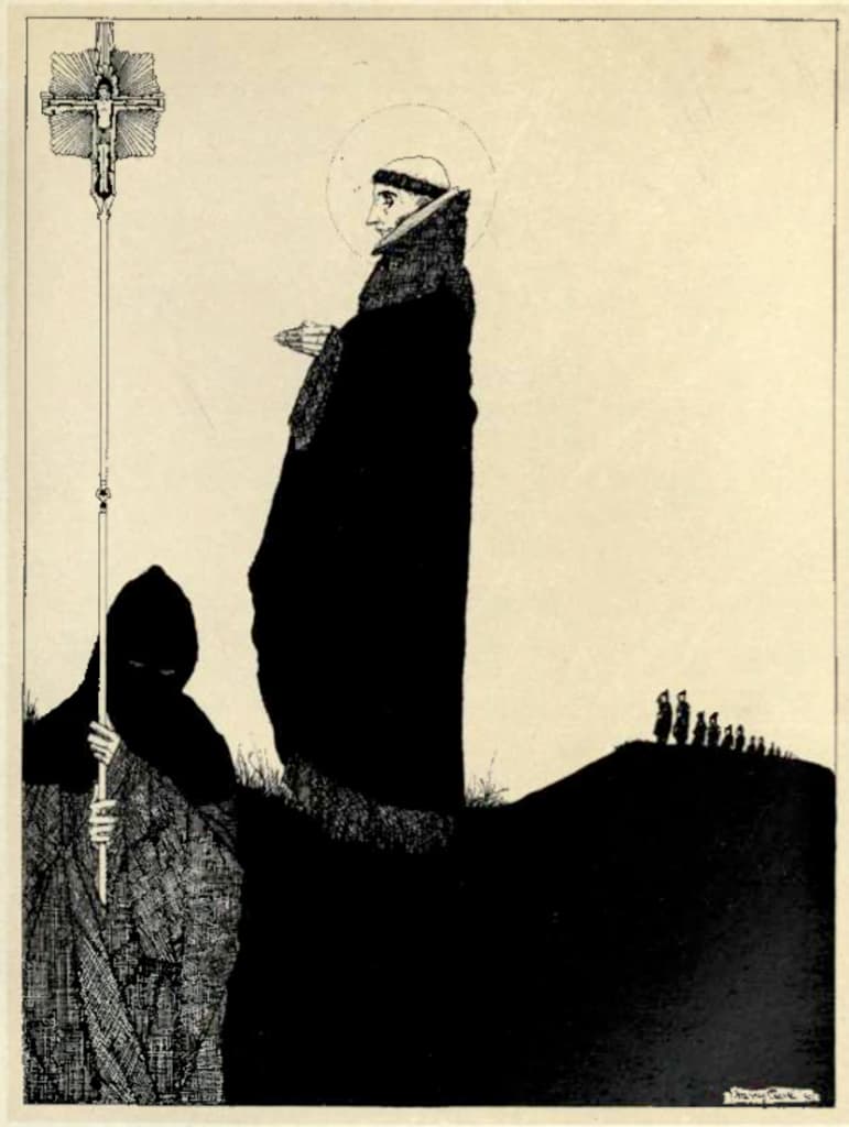 Eine Illustration mit Bildern von Menschen und einem Kreuzsymbol auf einem Stab.