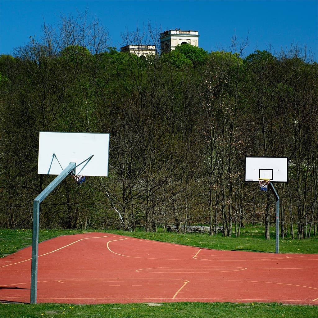 Ein Spielplatz mit Gras, zwei Basketballmasten, Bäumen, einem Gebäude im Hintergrund und einem klaren Himmel.
