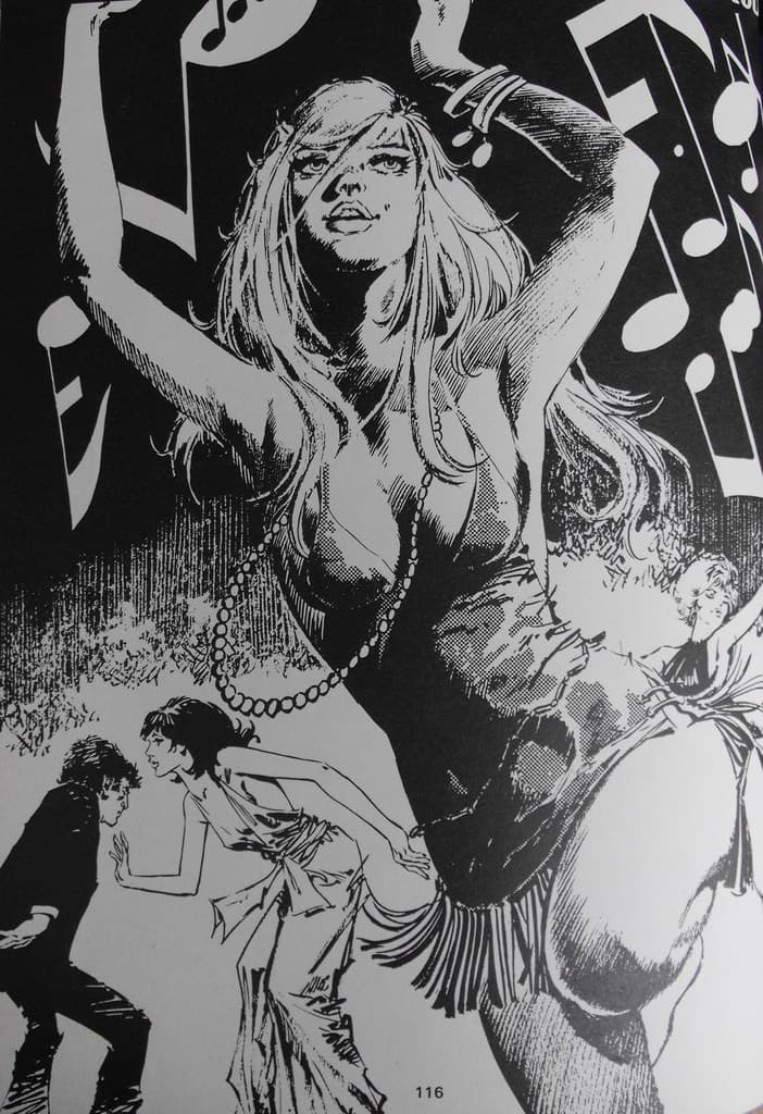 Ein Gemälde, das ein paar tanzende Menschen mit musikalischen Noten oben zeigt.