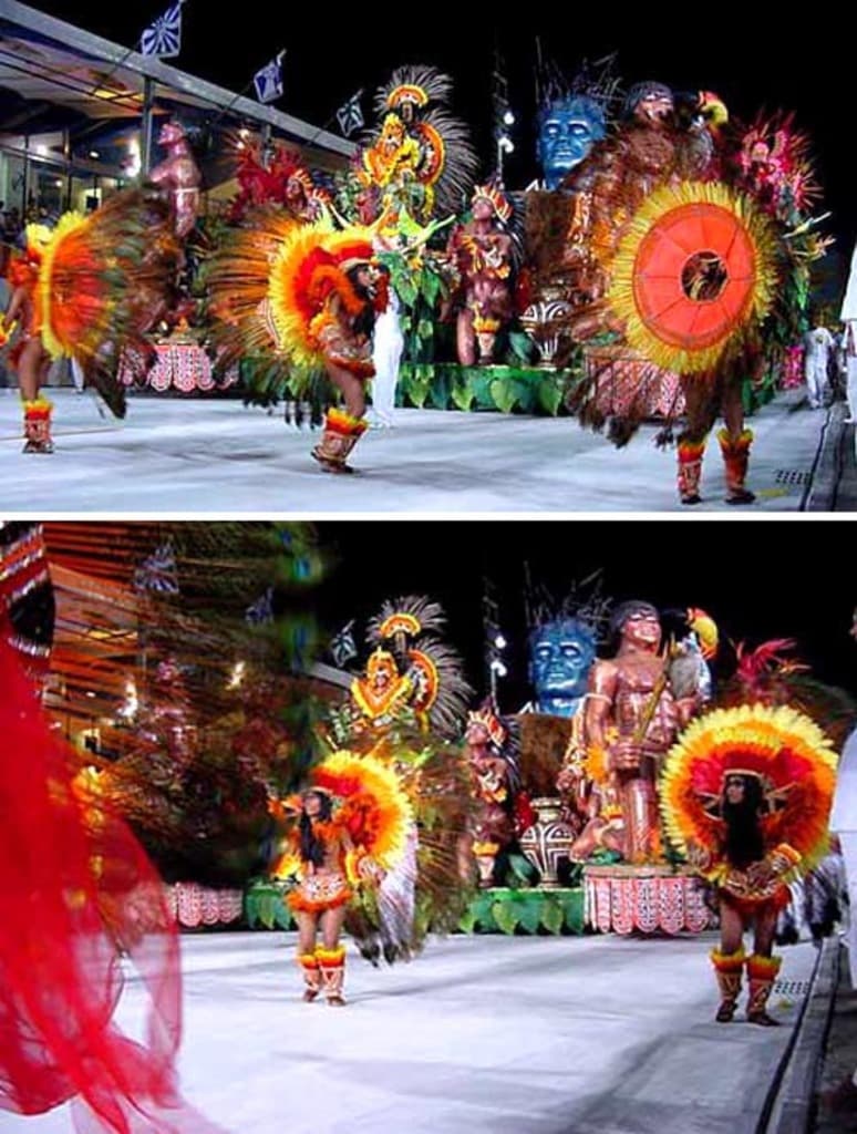 Ein Collage mit Menschen, die performen, einer Statue und einem Gebäude.