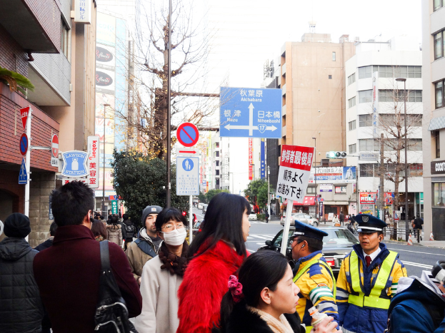 Eine volle Szene mit Menschen in verschiedenen Kleidern und Mützen, eine Handtasche, eine Haarsträhne, eine Platte, ein Pfahl, Bäume, Gebäude mit Fenstern, eine Straße mit einer weißen Linie und einen weißen Himmel.