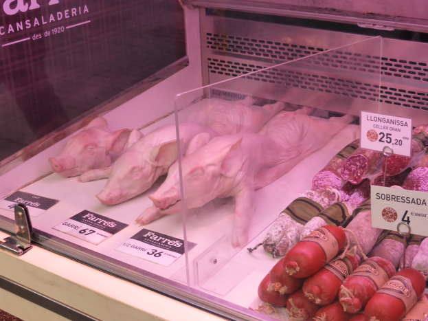 Eine Vitrine voller verschiedener Fleischsorten, darunter Schweine und Würste, mit Preisschildern am Glas.