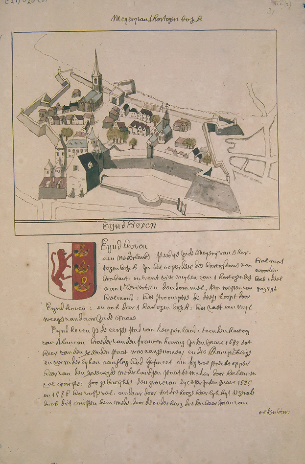 Ein altes Buch mit einer Zeichnung einer Stadt mit einigen Gebäuden und einem Logo, mit Text, der weitere Details zur Stadt liefert.