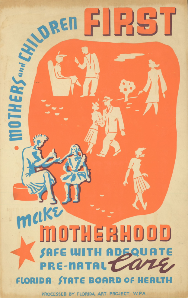 Plakat mit fettem weißen Text auf einem hellblauen Hintergrund, der "Mutterschaft durch ausreichende Voruntersuchungen sicher machen" über Bilder von lachenden Menschen verschiedenen Alters, Geschlechts und Ethnien zeigt.