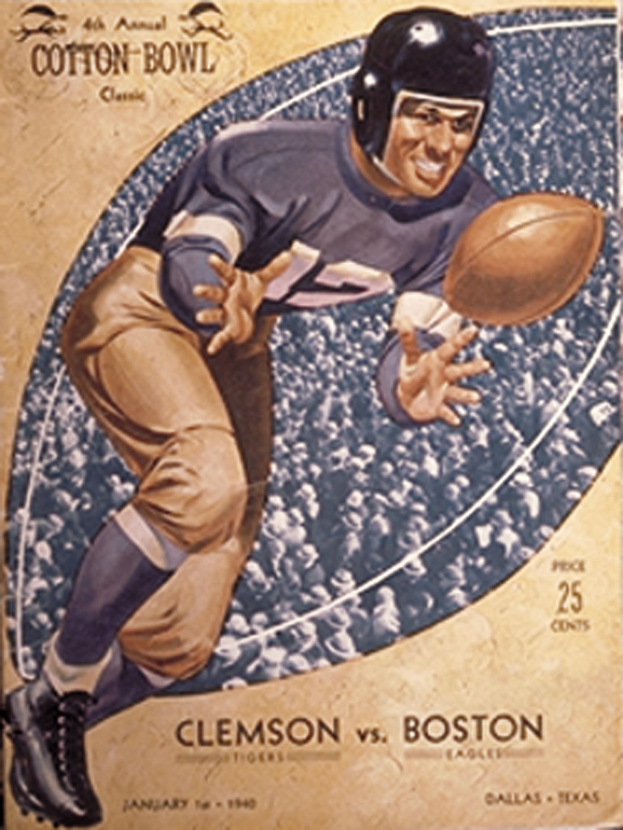 Ein Plakat mit einem Football-Spieler in einem Helm, der einen Football hält, mit der Aufschrift "Cotton Bowl Cleveland vs Boston" darüber und einem entschlossenen Gesichtsausdruck.