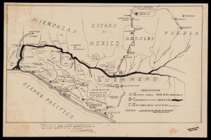 Eine alte Karte Mexikos mit schwarzem Rand, die den Weg der mexikanischen Revolution zeigt, voller detaillierter Texte.