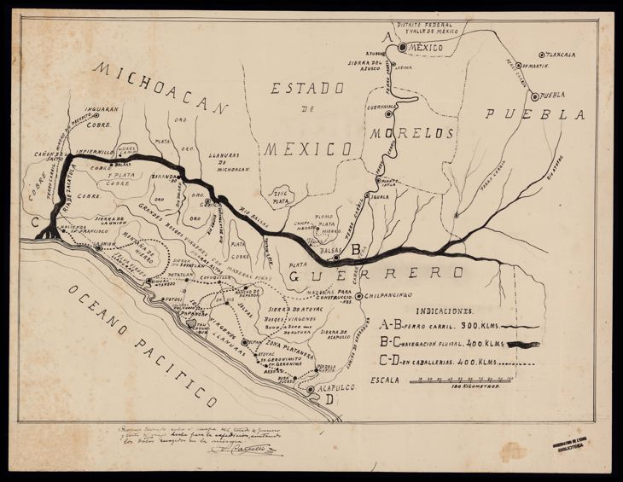 Eine alte Karte Mexikos mit schwarzem Rand, die den Weg der mexikanischen Revolution zeigt, voller detaillierter Texte.