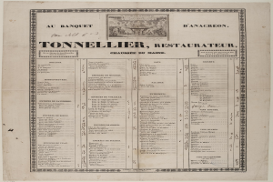 Ein altes Buch mit einer Restaurant Speisekarte, die Text und ein Bild enthält, das die Angebote des Restaurants beschreibt.