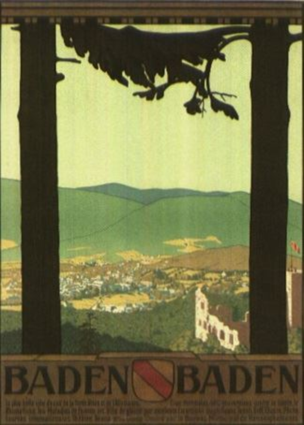 Ein Vogel auf einem Ast mit Gebäuden und Hügeln im Hintergrund, unter einem klaren blauen Himmel, auf einem Plakat, das Baden-Württemberg, Deutschland, bewirbt, mit Text, der Informationen zur Stadt enthält.