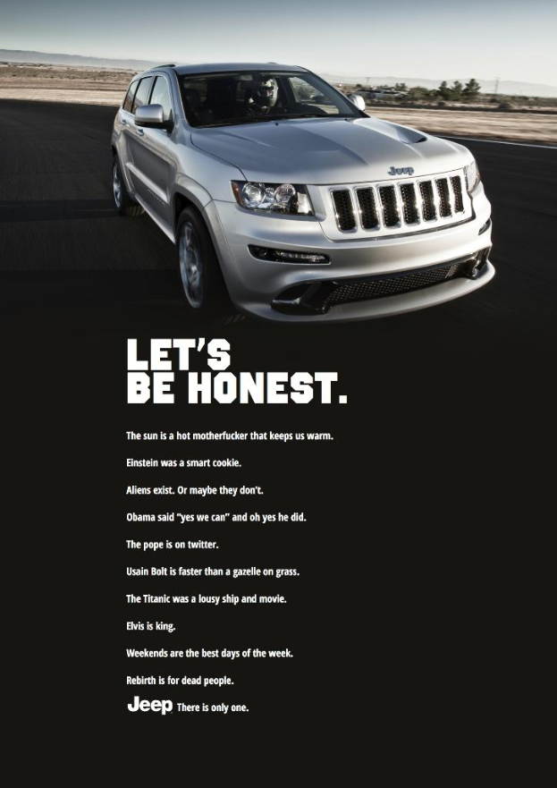 Ein Auto mit Text darunter, möglicherweise ein Zitat, in einem bearbeiteten Bild.