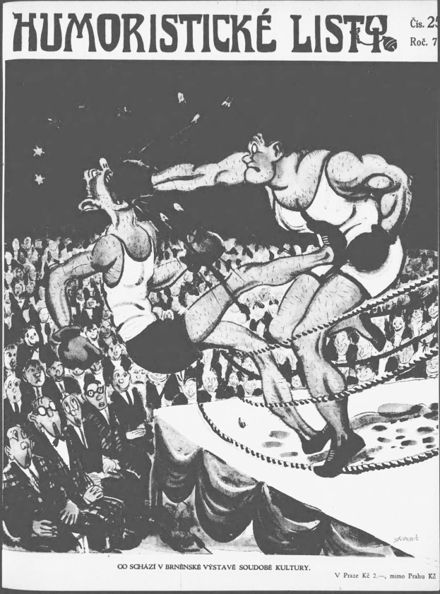 Schwarzer und weißer Cartoon von zwei Boxern im Ring mit einer Menge, aus einer tschechischen humoristischen Zeitschrift.