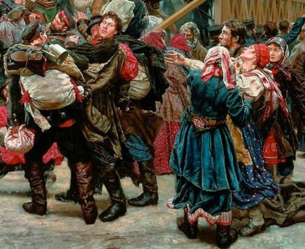 Gemälde, das eine Gruppe von Menschen in traditioneller russischer Kleidung vor einem Publikum tanzt, mit einigen, die Gegenstände halten, vor einem hölzernen Haus als Hintergrund, das eine lebhafte Szene aus der russischen Revolution vermittelt.