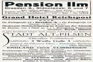 Schwarz-weiß-Anzeige in einer Zeitung für die Pension Inn in Dresden, Deutschland.