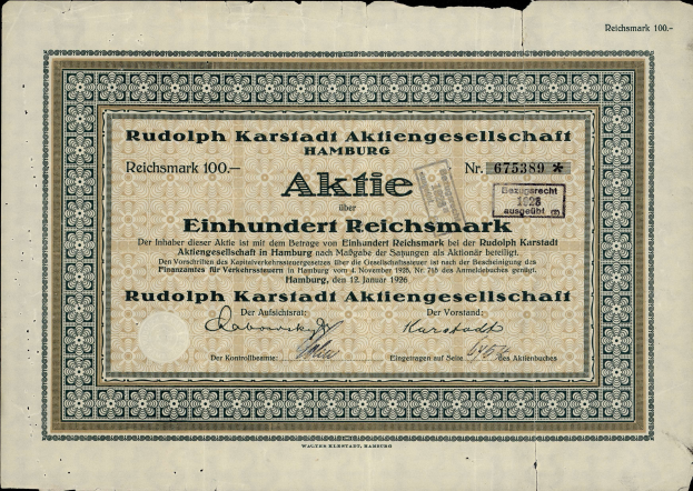 Ein altes deutsches Banknoten mit einem schwarzen Hintergrund und der Inschrift "Rudolph Karlstadt Aktiengesellschaft Hamburg".