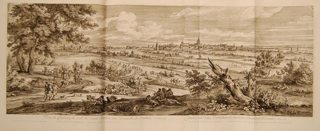 Offenes Buch mit der Aufschrift 'Ansicht der Schlacht von Castellum und Castellium aus der Illustrated London News', das eine historische Schlachtenszene mit Menschen, Bäumen, Gebäuden und Wolken zeigt.