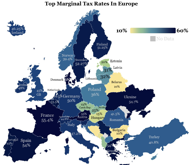 Eine Europakarte mit Farben, die die Höchststeuersätze in jedem Land anzeigen, mit der Überschrift "Höchststeuersätze in Europa".