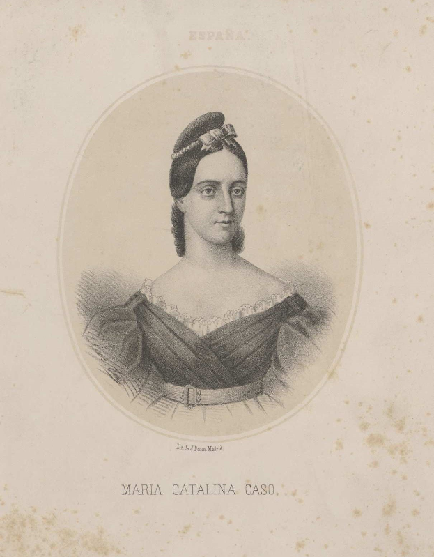 Porträt von Maria Catalina Caso in einem weißen Kleid mit blauer Schärpe, weißer Haube und Haar im Dutt, die freundlich in die Kamera lächelt, mit Text "Maria Catalina CASO" unten.