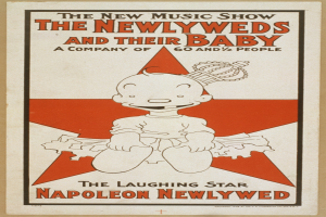 Ein Plakat mit einer Cartoon-Babys in einem weißen Strampler mit einer pinken Krawatte, das fröhlich lächelt, vor einem hellblauen Hintergrund mit Sternen und einer fetten schwarzen Schrift, die 'The New Music Show: The Newlyweds and Their Baby' lautet.