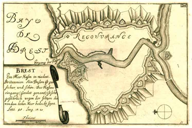 Ein detaillierter alter Stadtplan von Bresst, Deutschland, der Straßen, Gebäude, Sehenswürdigkeiten und Text mit Informationen zur Bevölkerung, Bevölkerungsdichte und Lage zeigt.