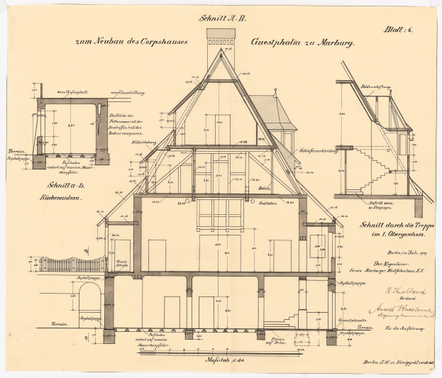 Ein detailliertes Bild des ersten Hauses in Deutschland, das ein Haus mit vielen Fenstern und einem Dach zeigt, begleitet von ausführlichen Plänen und Texten, die die Struktur beschreiben.