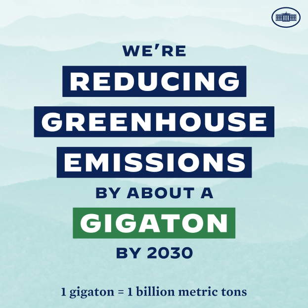 Plakat mit Text und Logo, das "Wir reduzieren die Treibhausgasemissionen um etwa eine Gigatonne bis 2030".