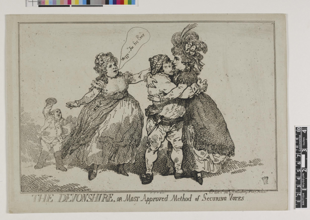 Papier mit einer handgezeichneten Skizze von drei Personen (zwei Frauen, ein Mann) und der Überschrift "The Devonshire, or Most Approved Method of Securing Votes" oben, mit Farboptionen über der Zeichnung.