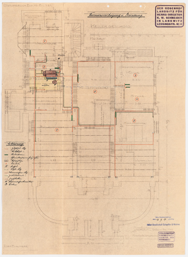 Schwarze und weiße architektonische Zeichnung des Rosenhof-Krankenhauses in Hamburg, Deutschland, die detaillierte Layout mit zahlreichen Drähten, Zimmern, Fluren und Textbeschriftungen zeigt.