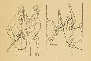 Eine Zeichnung eines Mannes, der ein Messer in einer Hand und ein Kind in der anderen hält, mit einem menschlichen Gesicht in der Mitte und Text auf dem Papier.