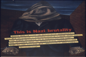 Eine Person in schwarzer Kapuzenjacke und Maske mit ernster Miene steht auf einem Plakat mit fetter weißer Schrift, die 'Das ist Nazi-Gewalt.' lautet.