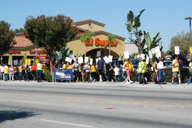 Eine Gruppe von Menschen mit Schildern, die gehen, mit Bäumen, kleinen Büschen, einer Fahne, einem Gebäude mit Namensschildern, Autos und aktuellen Umfragen im Hintergrund.