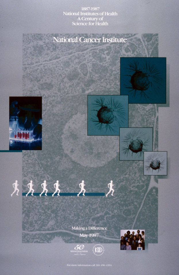 Buntes Plakat mit einem blauen Hintergrund und weißer Schrift, die "National Cancer Institute" in fetten, Großbuchstaben lesen, umgeben von überlappenden Kreisbildern von lächelnden Menschen verschiedenen Alters, Geschlechts und Ethnien.