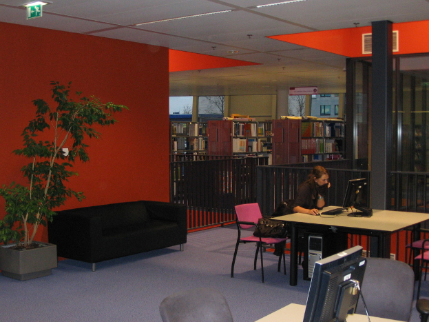 Eine Frau in einem schwarzen T-Shirt bedient ein Computersystem auf einem Tisch in einem Raum mit einer schwarzen Couch, roter Wand, einer Pflanze, Bücherregalen, weißer Wand und Fenstern, die ein Gebäude zeigen.