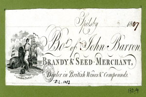 Ein altes grünes Geschäftsvisitenkarte mit einem Mann in einem Anzug und einer Frau in einem Kleid nebeneinander stehend, bewirbt einen Branntwein- und Saatengroßhändler.