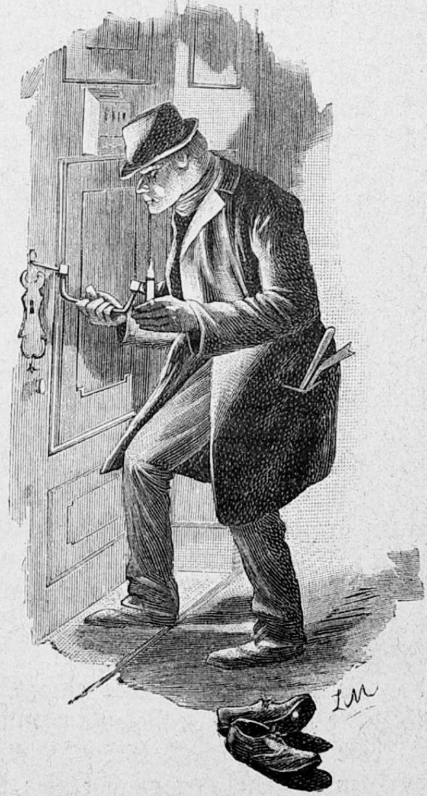 Ein Mann in Anzug und Hut, der ein Paar Schuhe und einen Stift hält, steht vor einer Tür, mit dem Wort "Detektiv" unten auf dem Bild.