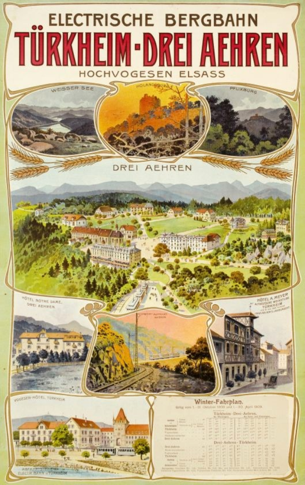 Plakat bewirbt Bergbahn, Deutschland als elektrisches Stadt, zeigt Gebäude, Bäume, Hügel und beschreibenden Text.