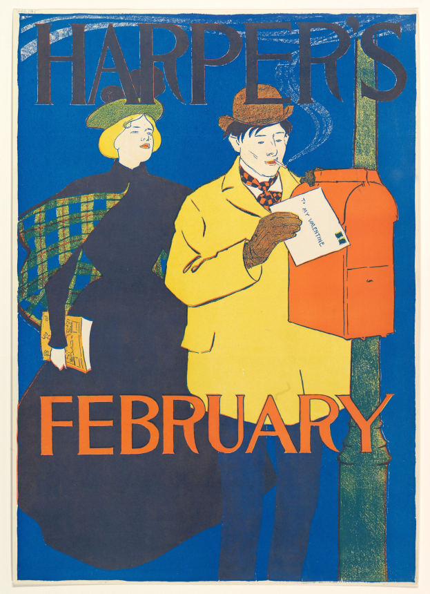 Ein Plakat für Harper's Februar, das einen Mann mit einem Blatt Papier und eine lachende Frau zeigt, die nebeneinander stehen, mit Text, der ein Ereignis beschreibt.