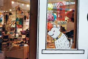 Eine Abbildung eines Hundes mit Text auf der rechten Seite und auf der linken Seite ein Raum mit Lampen, Flaggen, Regalen, Sofas, Kleidung, Dekorationen, Menschen, Stühlen und verschiedenen anderen Gegenständen.