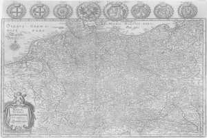 Ein Schwarz-Weiß-Plakat mit einer detaillierten Karte von Deutschland, einschließlich geografischer Merkmale wie Flüsse, Berge und Städte, mit Text und Logos oben.