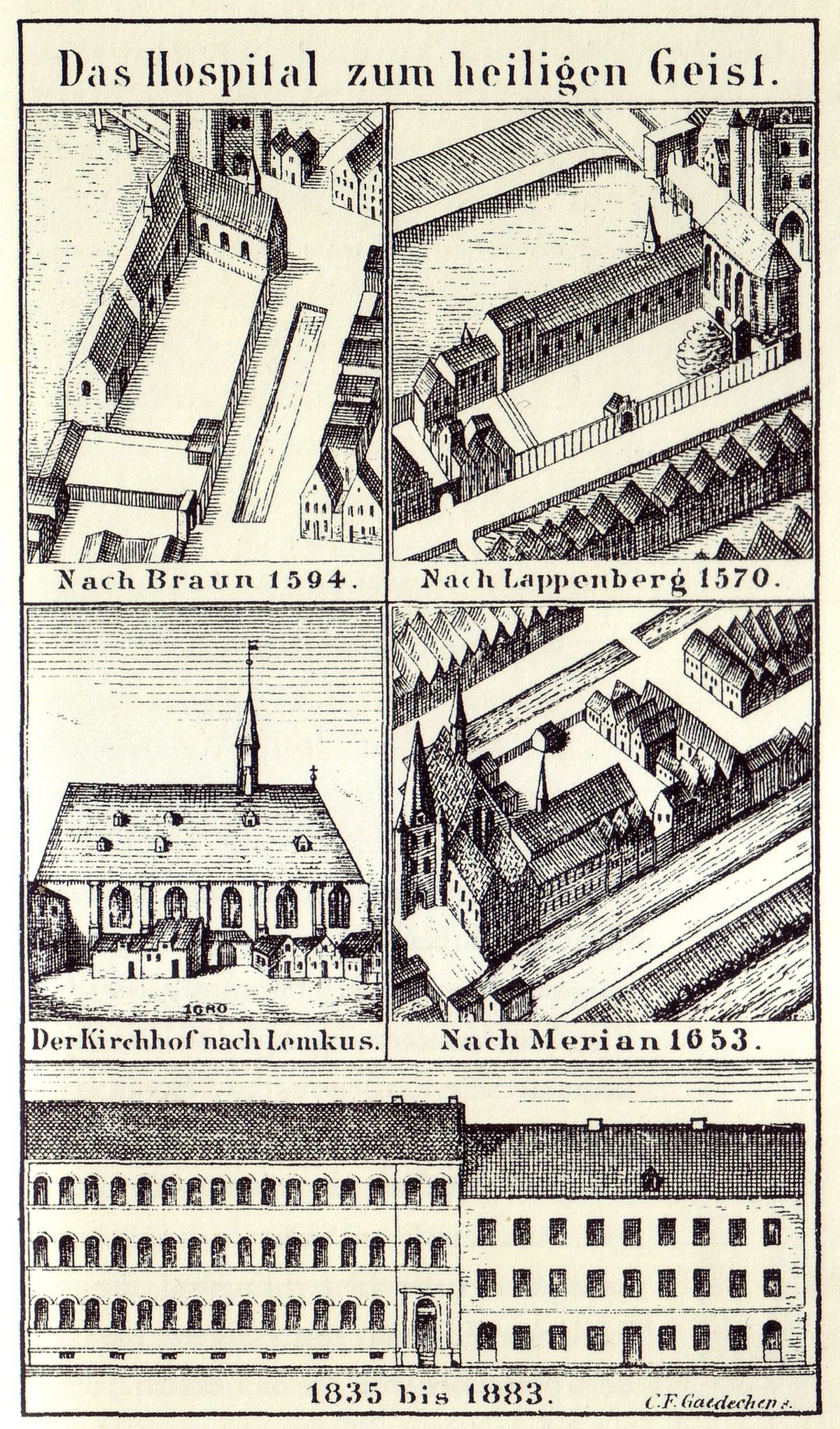 Detailreiches Bild eines deutschen Krankenhausgebäudes auf einem Plakat mit sichtbaren Fenstern, Türen und Balkonen, begleitet von Text, der dessen Größe, Lage und Merkmale beschreibt.