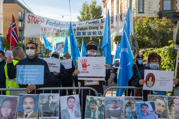 Eine Gruppe von Menschen in Masken und mit Fahnen und Schildern steht vor einem Zaun mit Fotos und Texten, protestiert in Istanbul, Türkei, mit Gebäuden, Bäumen, Pflanzen und einem Laternenmast im Hintergrund.