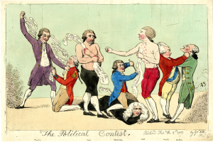 Ein politischer Cartoon, der eine Gruppe von Menschen in verschiedenenfarbigen Kleidern zeigt, wobei eine Person in der Mitte auf dem Boden liegt, und der Text "Der politische Wettbewerb" unten.