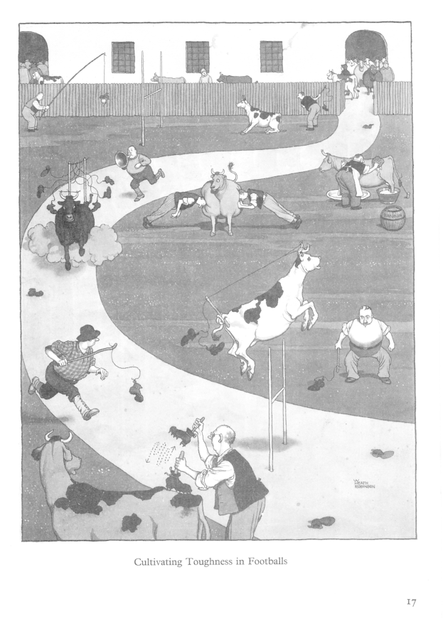 Schwarze und weiße Zeichnung von Menschen und Tieren in einem Feld mit einer Wand und Fenstern im Hintergrund, mit dem Text "Härte im Fußball kultivieren" unten.