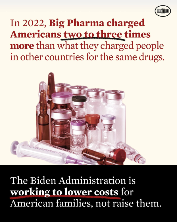Ein Plakat mit der Aufschrift "In 2022 hat Big Pharma Amerikaner zwei bis drei Mal so viel für dieselben Medikamente berechnet wie in anderen Ländern" unten, mit ein paar Flaschen und einer Spritze.