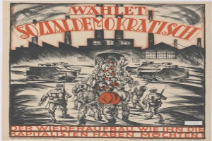 Eine Gruppe von Menschen und Fahrzeugen im Vordergrund mit einem Gebäude im Hintergrund auf einem deutschen Propagandaplakat für die Nationalsozialistische Deutsche Arbeiterpartei der Sowjetunion, mit der Aufschrift "Wählt Sozialdemokratisch - der Wiederaufbau wie ihn die Kapitalisten haben möchten".