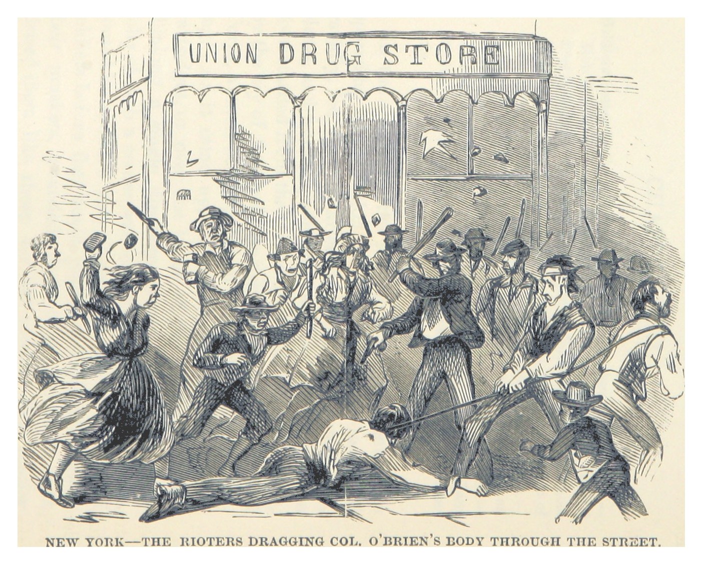 Eine Zeichnung auf Papier, die eine Gruppe bewaffneter Menschen vor einem Gebäude mit Text zeigt, beschriftet mit "New York - Die Aufständischen schleifen Col. O'Briens Leiche durch die Straße" unten.