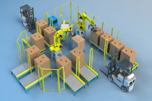 Eine Gruppe automatisierter Roboter, die auf Förderbändern in einem Lager arbeiten, umgeben von Kartonschachteln und Fahrzeugen auf dem Boden.