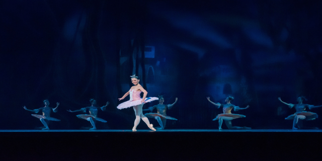 Eine Ballerina in einem rosafarbenen Tutu und Spitzenschuhen tanzt auf einer Bühne mit anderen Tänzern in ähnlichen Kostümen vor einem dunklen Hintergrund.