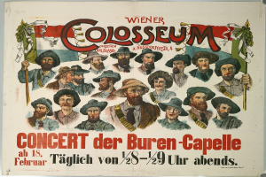 Plakatankündigung für ein Konzert im Kolosseum in Buren-Capelle, Deutschland, mit einer Gruppe von Menschen in Hüten und mit Fahnen mit Text darauf.