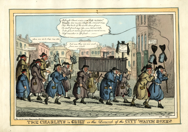 Ein Cartoon von einer Gruppe von Menschen, die eine Straße entlanggehen, einige halten Gegenstände, mit Gebäuden und Himmel im Hintergrund und Text unten, der lautet "Die Charlies in Trauer oder das Begräbnis der Stadtwache-Kästen".